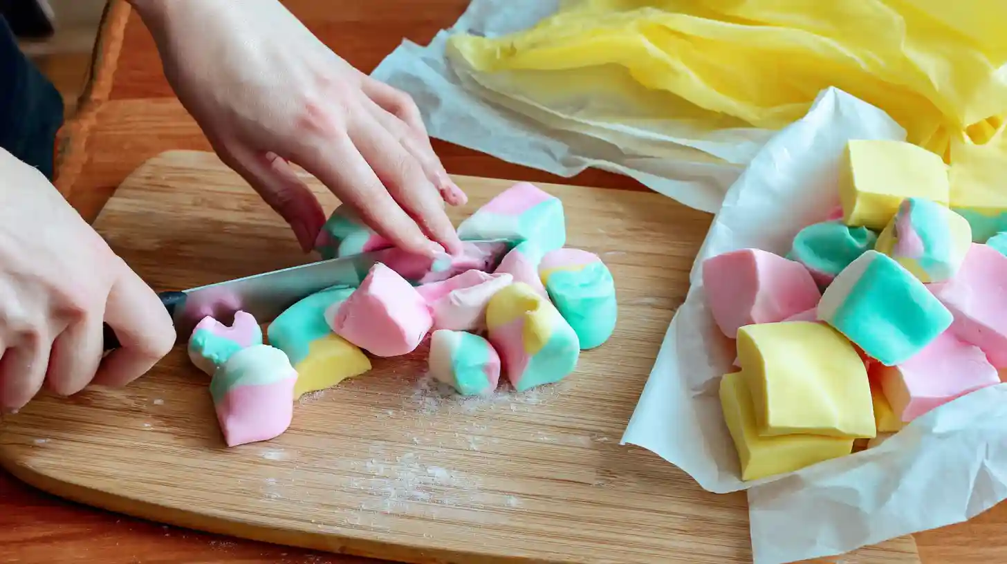cut-wax-wrap-homemade-saltwater-taffy-Rolls Cutting and wrapping pastel Homemade Saltwater Taffy Rolls