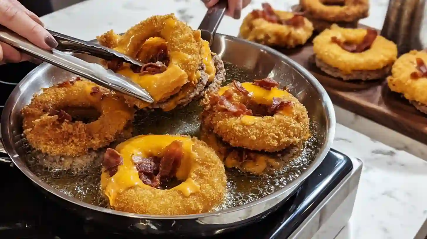 deep-frying-bacon-cheeseburger-onion-ring-bombs-step5 Frying bacon cheeseburger stuffed onion rings in hot oil for crispy deep fryer family meals and high-protein snack recipes