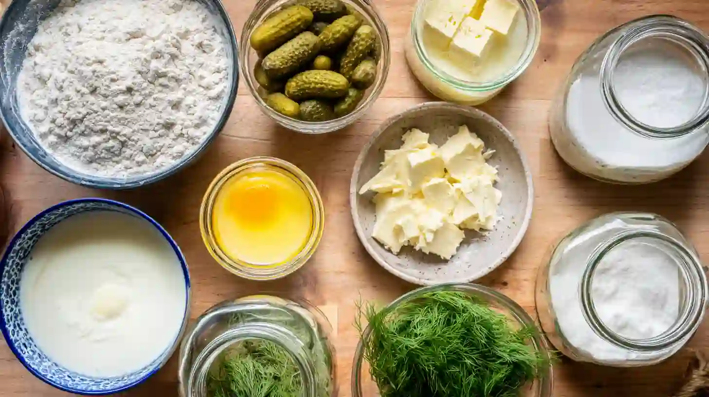 dill-pickle-bread-ingredients Ingredients for dill pickle bread recipe arranged on a table
