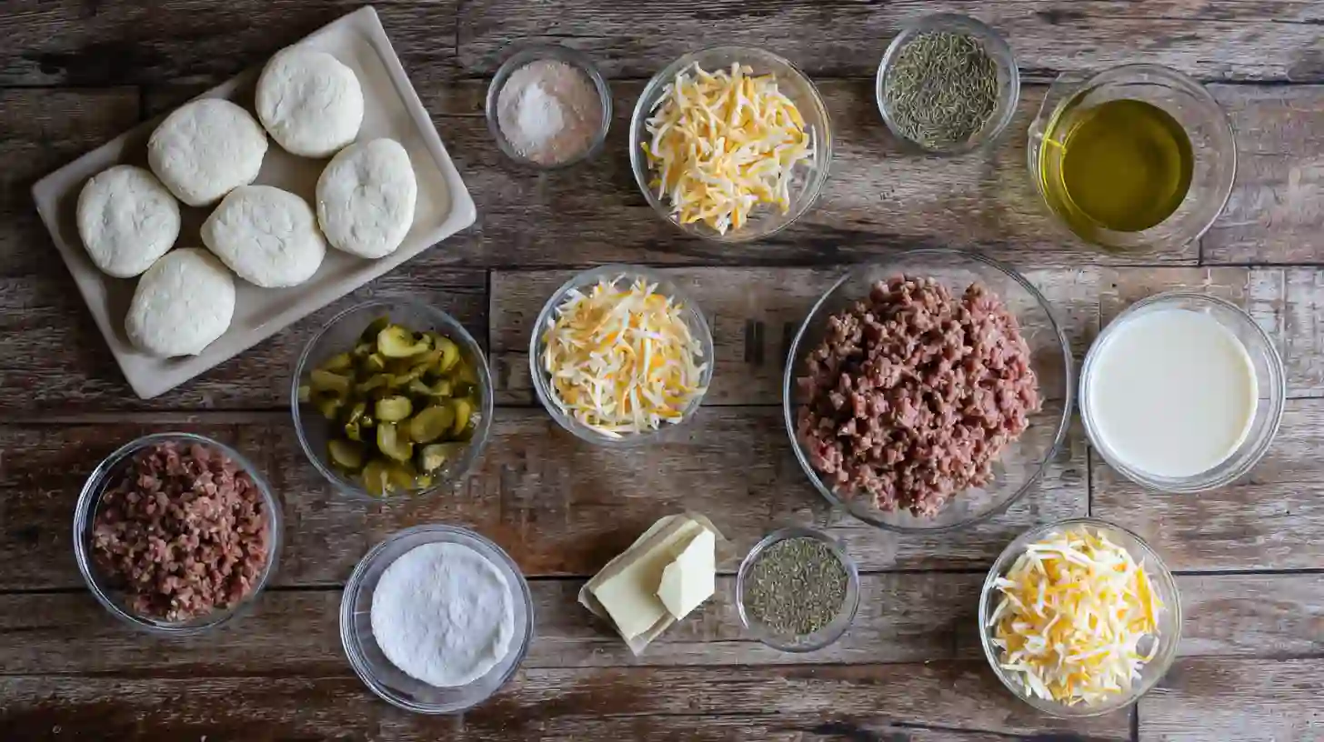 dill-pickle-cheeseburger-mozzarella-bombs-ingredients Ingredients for Dill Pickle Cheeseburger Mozzarella Bombs – easy ground beef recipe with cheese, pickles, and biscuit dough