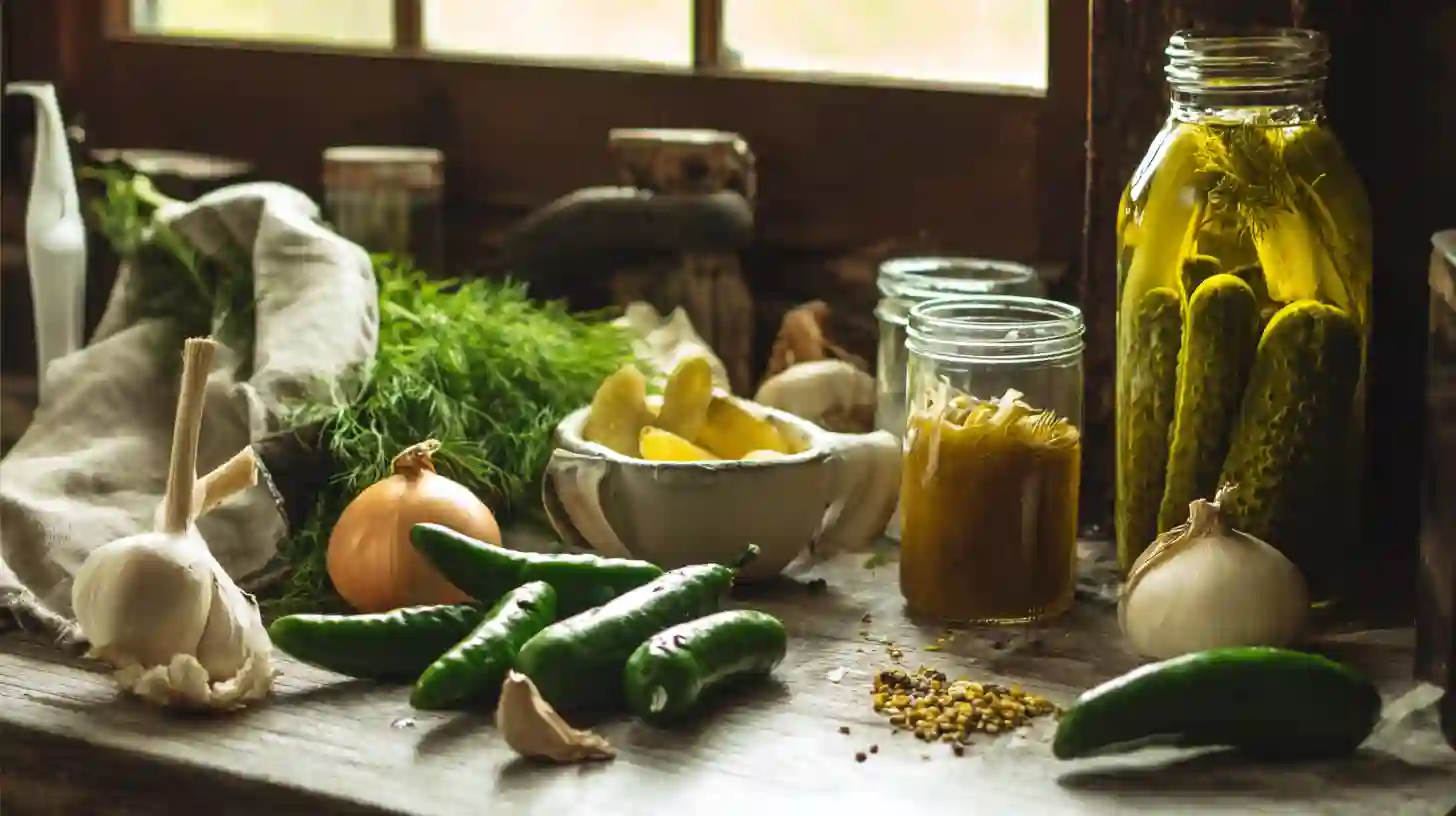dill-pickle-hot-sauce-Recipe-ingredients Dill Pickle Hot Sauce ingredients on rustic kitchen counter.best hot sauce for chicken wings.gut-healthy