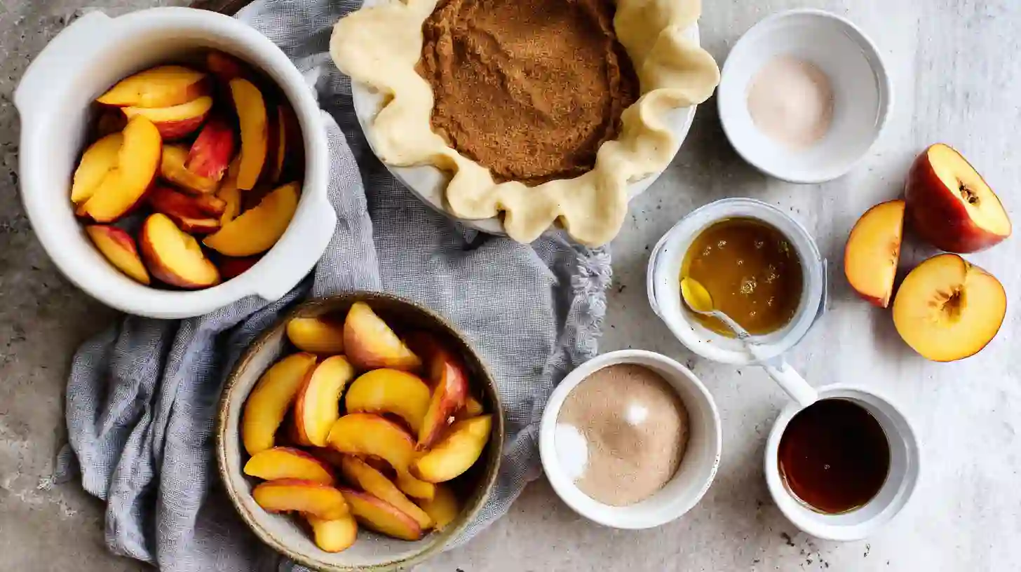 double-crust-brown-butter-peach-cobbler-ingredients Ingredients for making Double Crust Brown Butter Peach Cobbler laid out on a table