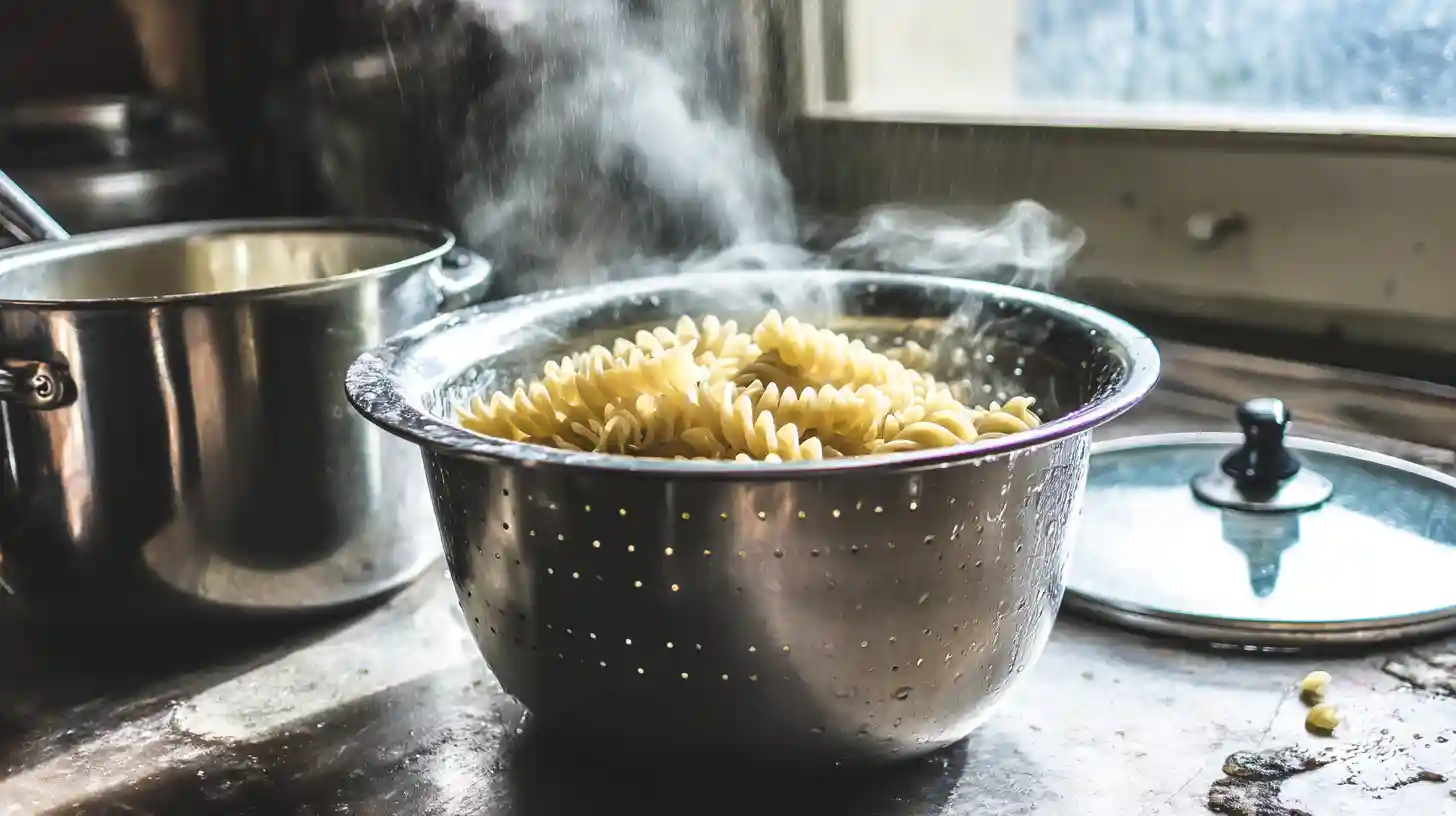 draining-cooked-rotini-pasta Draining freshly cooked pasta in a colander