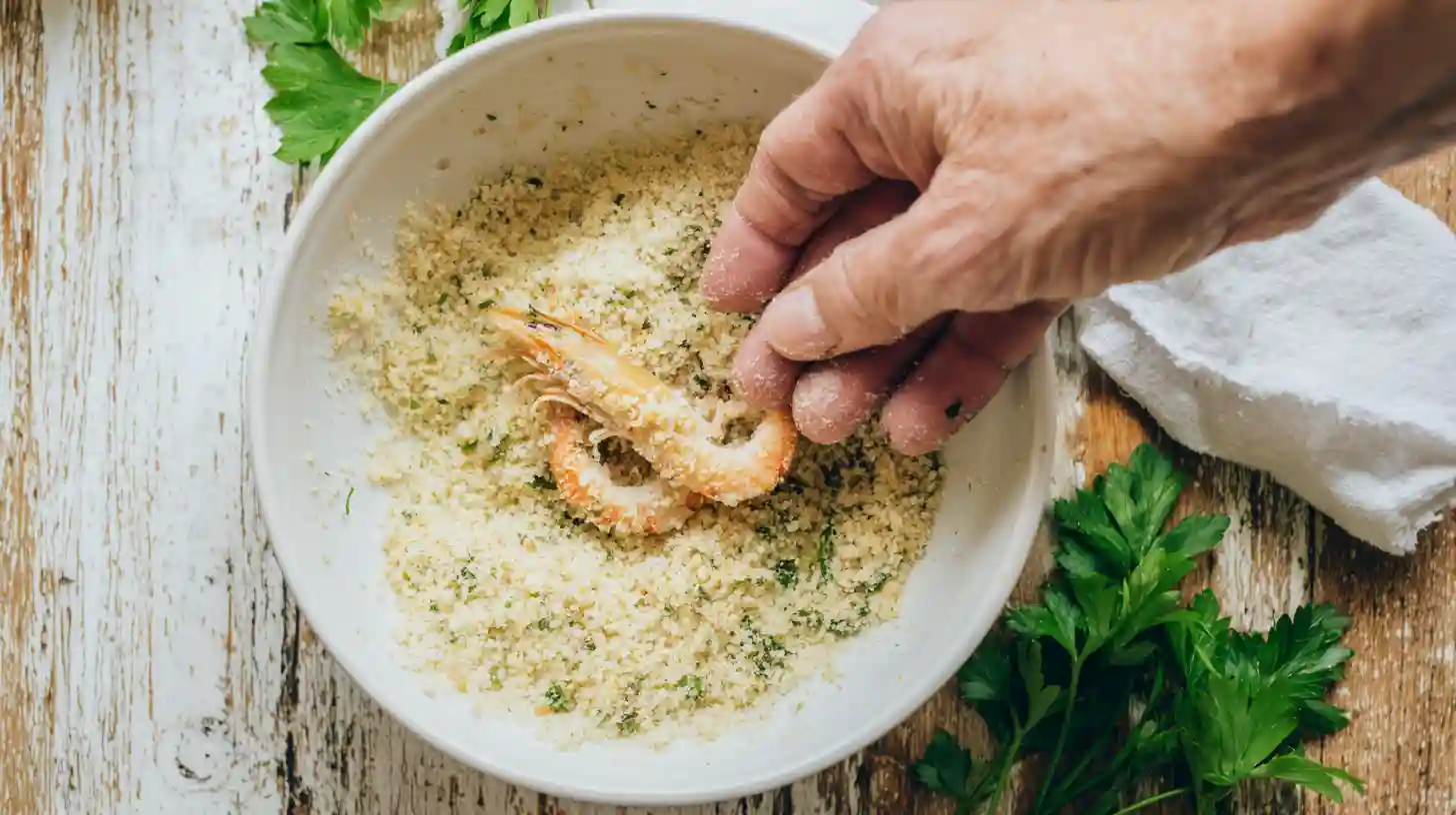 dredging-parmesan-panko-shrimp-step2 coating shrimp with Parmesan and panko – best shrimp recipes for meal prep, quick family dinners under 30 minutes