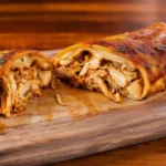 Easy BBQ chicken cheese stromboli sliced open, oozing melted provolone and packed with shredded rotisserie chicken, perfect for easy dinner recipes for families and high protein comfort food.