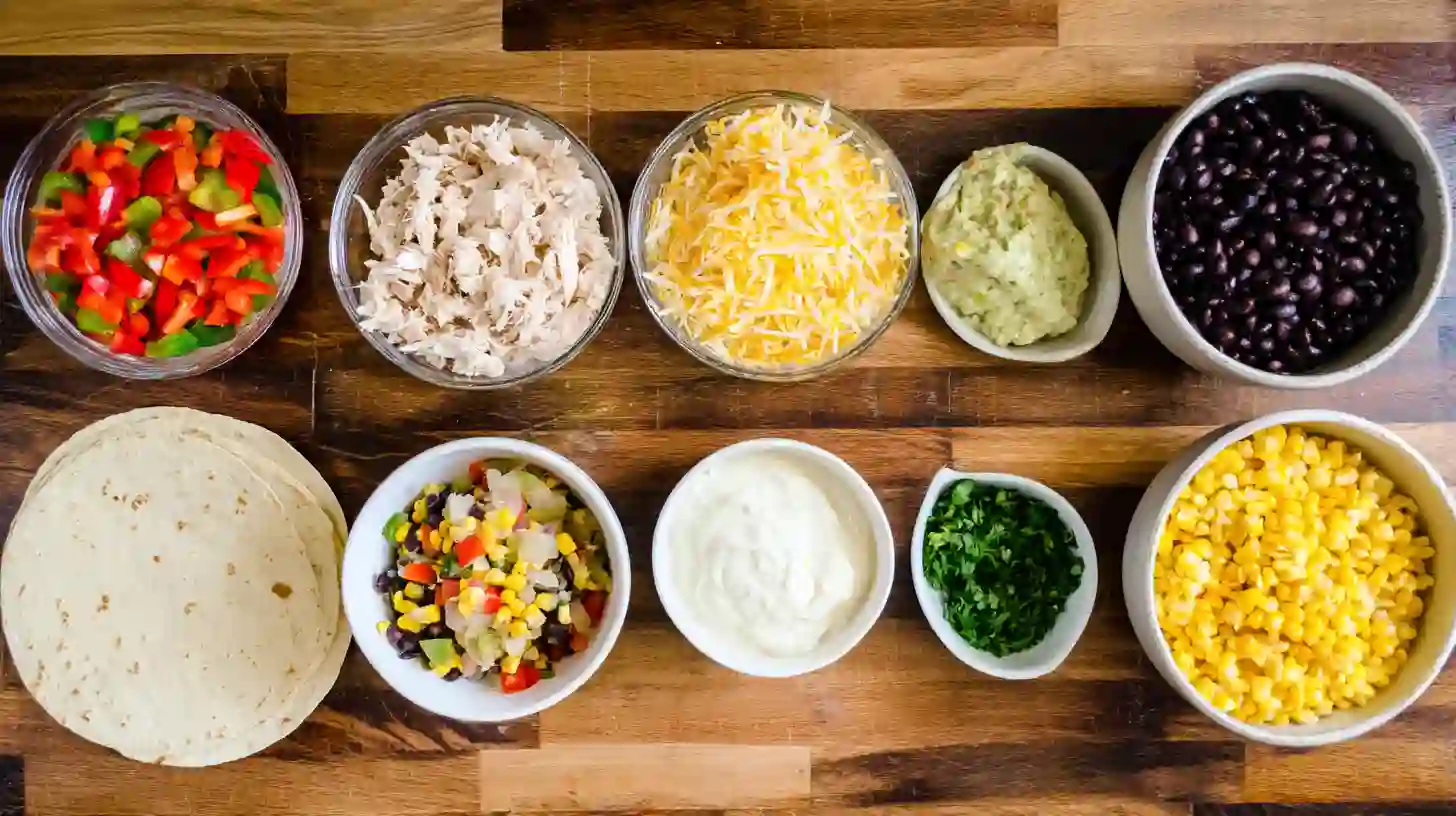 easy-chicken-bell-pepper-Ranch-burritos-ingredients Ingredients for Easy Chicken Bell Pepper Ranch Burritos in bowls