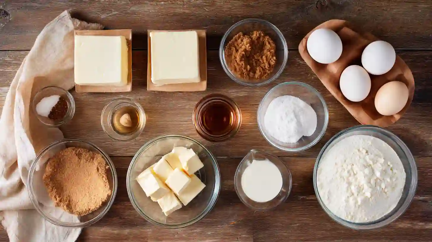 easy-cinnamon-roll-honeybun-cheesecake-ingredients Ingredients for easy cinnamon roll honeybun cheesecake including cream cheese, brown sugar, cinnamon, and graham cracker crust.easy cinnamon roll dessert ideas