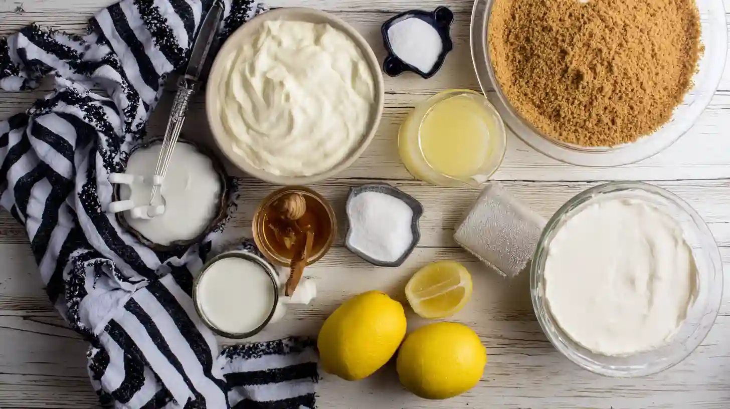 easy-cream-cheese-lemonade-pie-ingredients Ingredients for Easy Cream Cheese Lemonade Pie on wooden table