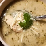 easy creamy poblano chicken rellenos soup in a rustic bowl