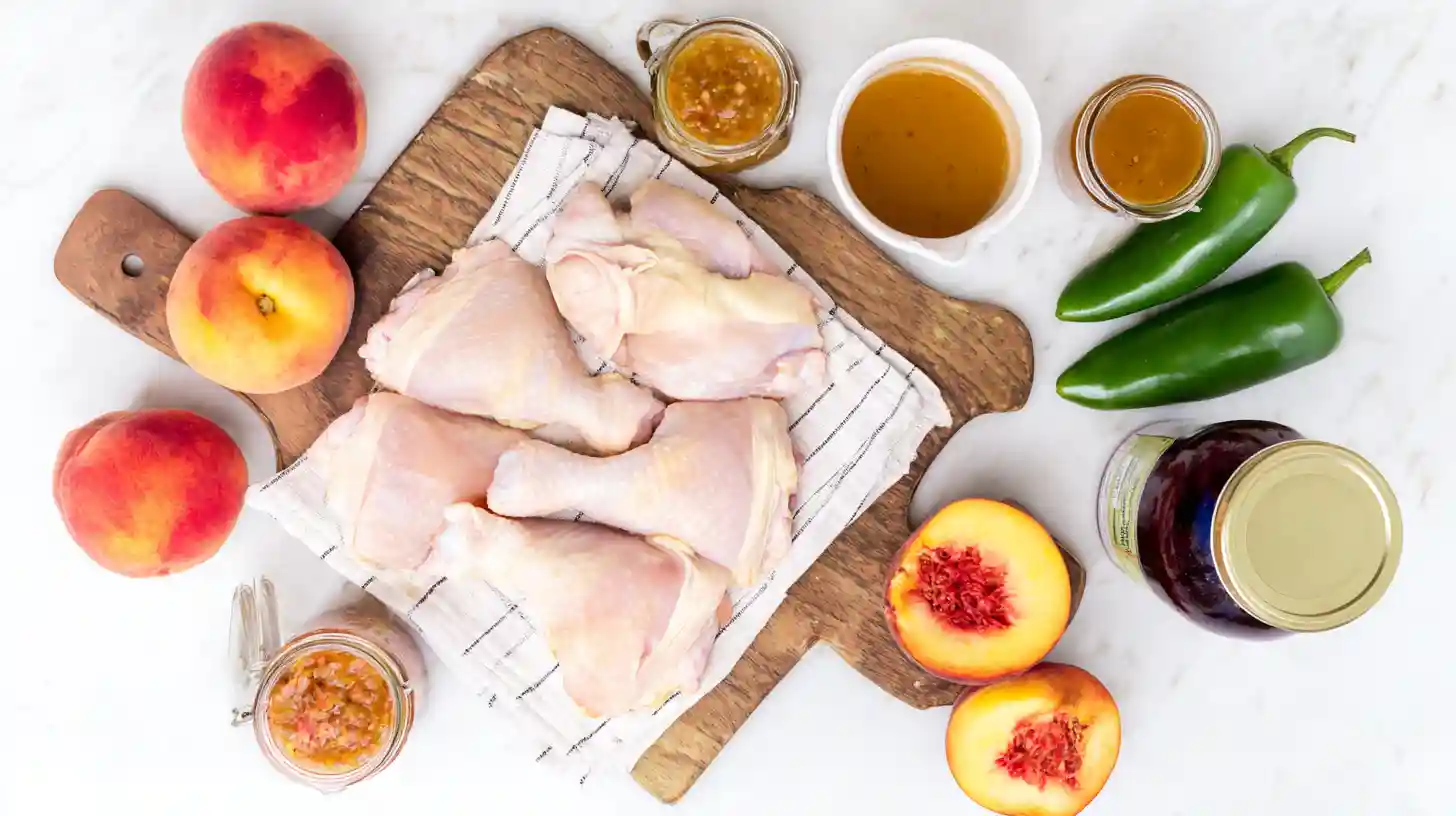 easy-jalapeno-peach-chicken-recipe-ingredients Easy Jalapeño Peach Chicken Recipe ingredients on kitchen counter
