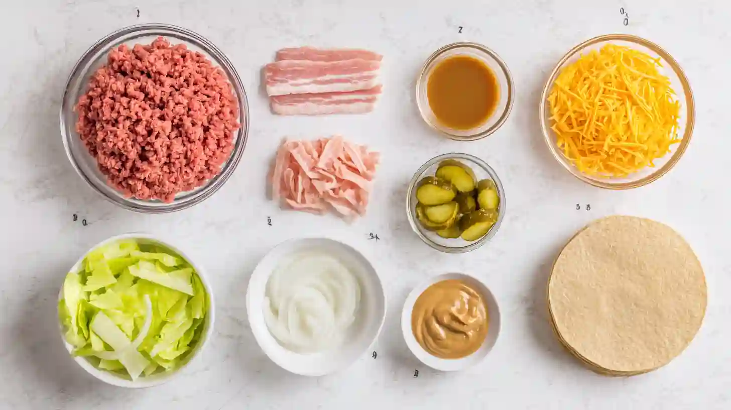 easy-loaded-bacon-cheeseburger-tacos-ingredients Bacon cheeseburger taco ingredients for high-protein family dinners.high-protein taco dinner kits