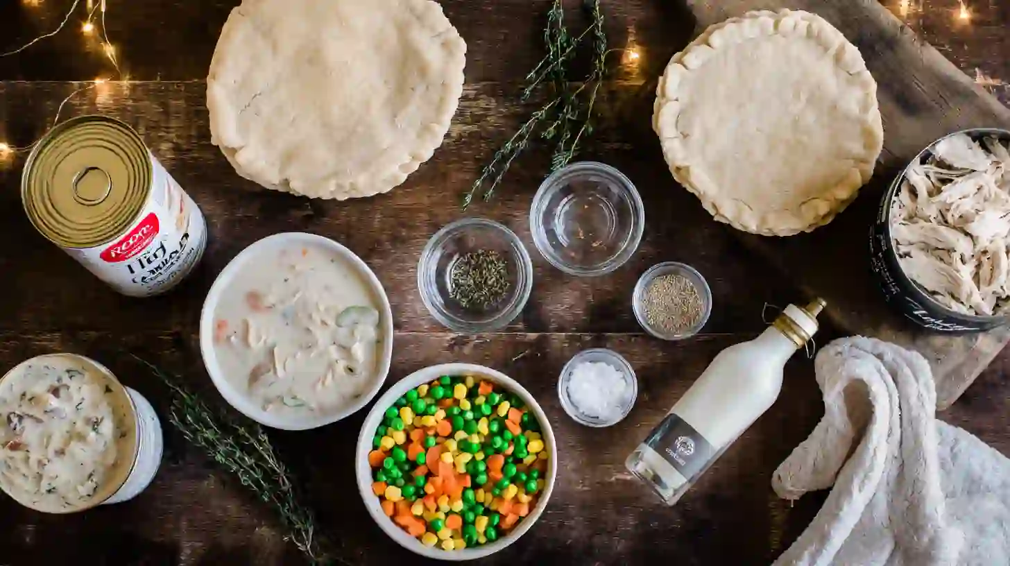 easy-peasy-chicken-pot-pie-recipe-ingredients Easy peasy chicken pot pie recipe ingredients on a kitchen counter including rotisserie chicken, canned soups, frozen veggies, and pie crusts. budget-friendly creamy chicken recipes.quick weeknight dinners.