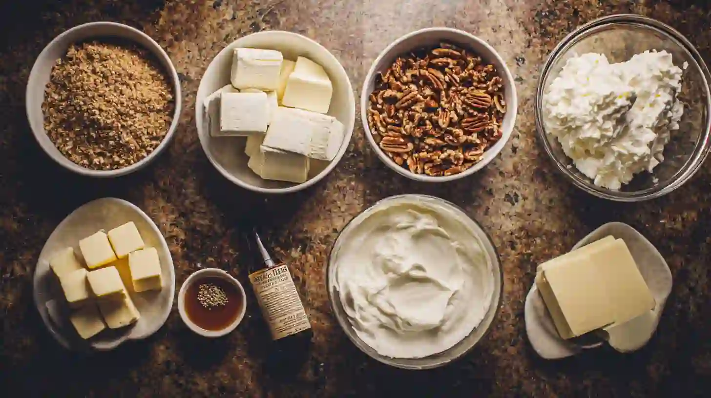 easy-pecan-pie-cheesecake-trifle-holiday-dessert-ingredients Ingredients for easy pecan pie cheesecake trifle – cream cheese, pecans, whipped topping, and vanilla wafers