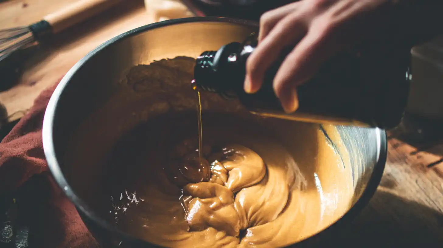 egg-vanilla-cookie-bar-mixture stirring eggs and vanilla into brown sugar base for easy cookie bar recipes