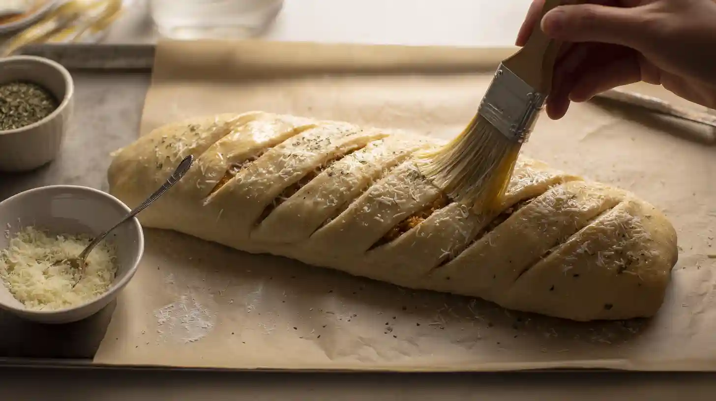 egg-wash-seasoning-bbq-chicken-stromboli-step-6 Brushing BBQ chicken stromboli with egg wash, Italian seasoning, and Parmesan—perfect for easy dinner recipes and comfort food meals.