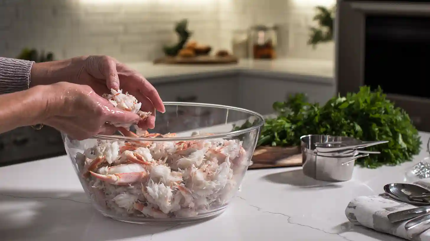 famous-crab-bombs-recipe-step-2-sorting-crab Sorting jumbo lump crab for Famous Crab Bombs Recipe – essential step for healthy seafood recipes and quick gourmet appetizers