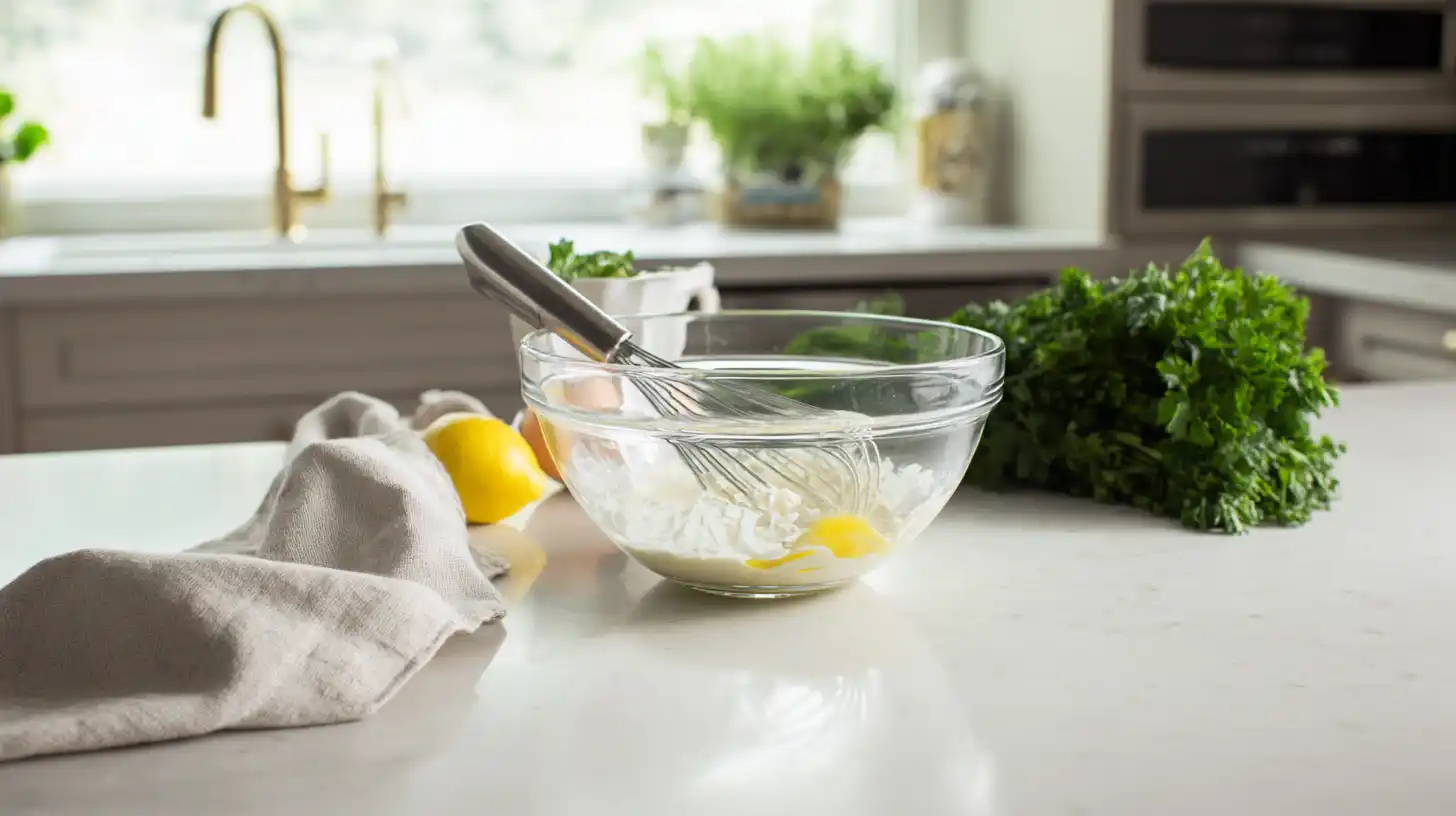 famous-crab-bombs-recipe-step-3-whisk-base Whisking mayo and Dijon for Famous Crab Bombs Recipe – essential step for healthy seafood recipes and quick oven dinner ideas
