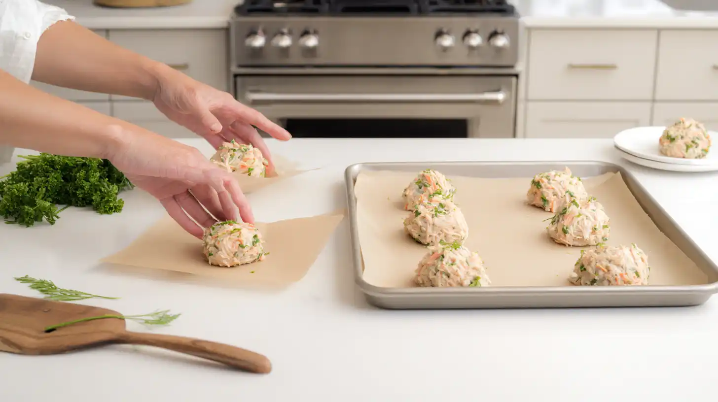 famous-crab-bombs-recipe-step-5-shape-on-tray Shaping crab bombs on tray – easy step for Famous Crab Bombs Recipe, perfect for low carb seafood dinners and holiday entertaining recipes