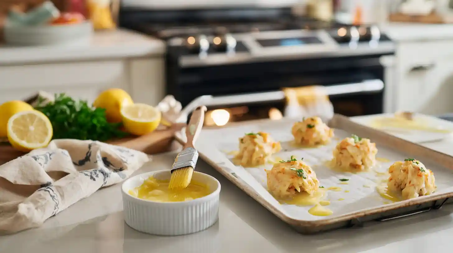 famous-crab-bombs-recipe-step-6-brush-butter Brushing melted butter on Famous Crab Bombs – final touch for golden seafood appetizers and easy gourmet dinner ideas