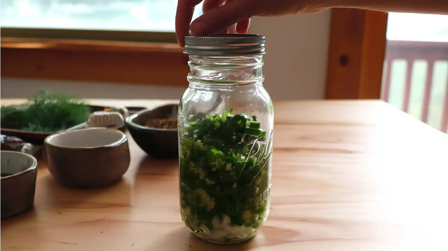 fermented-dill-pickle-hot-sauce-weighting-sealing Sealing jar of homemade dill pickle hot sauce with fermentation weight and tight lid for safe brine fermenting