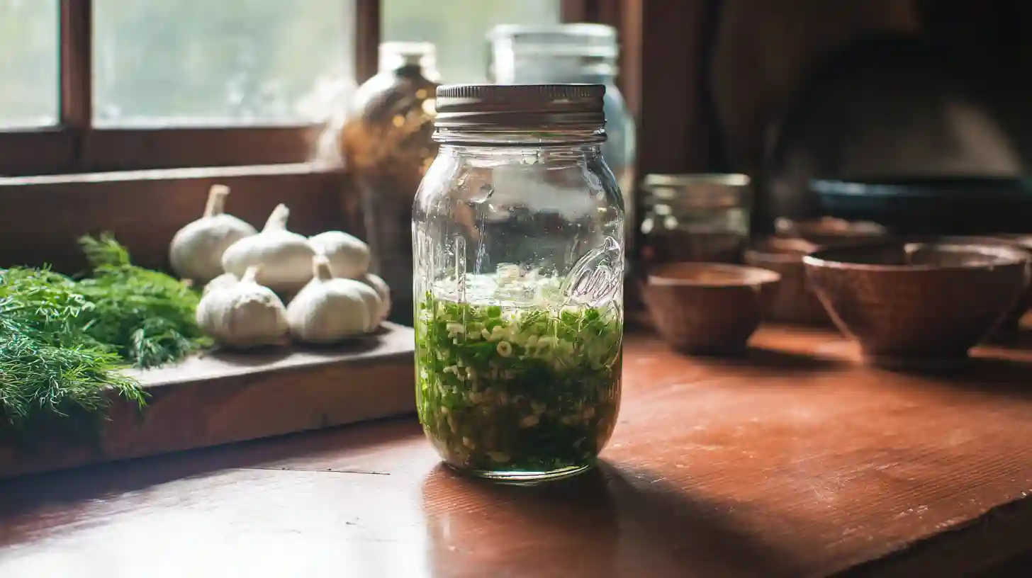 fermenting-dill-pickle-hot-sauce-bubbles-countertop Fermenting dill pickle hot sauce jar with bubbles forming in rustic kitchen for homemade gut-friendly probiotic recipe