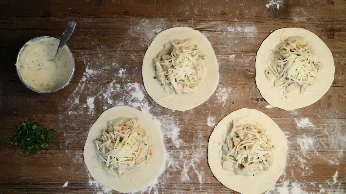 fill-air-fryer-chicken-alfredo-calzones Filling calzones with Alfredo sauce, shredded chicken, and mozzarella for air fryer recipe