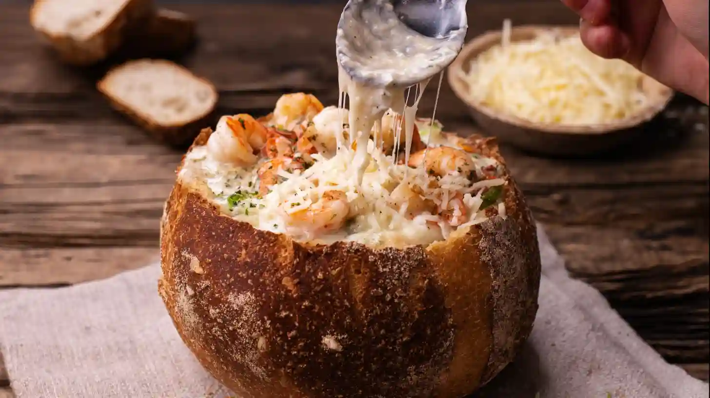 fill-cheesy-seafood-bread-bowl Filling bread bowl with creamy seafood and shredded cheese