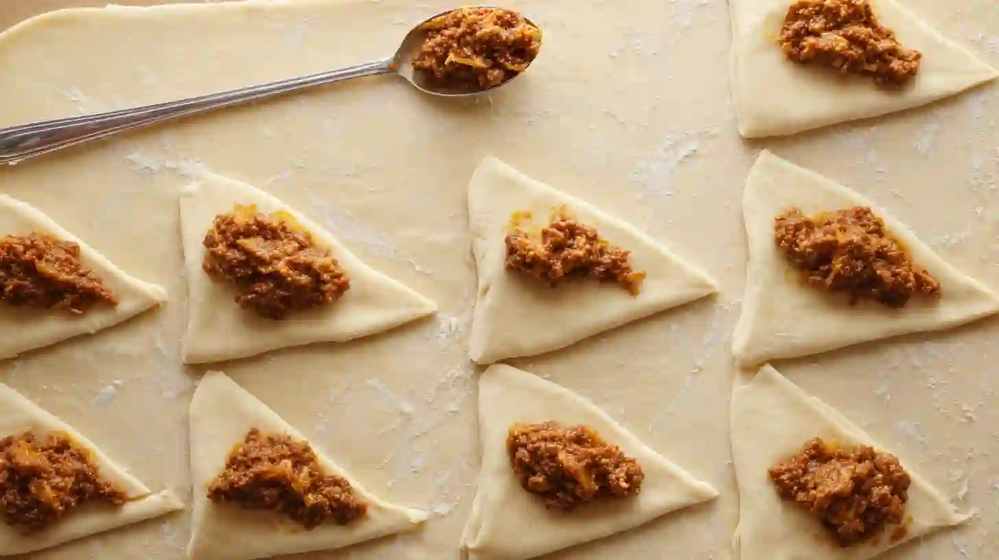fill-crescent-dough-beef-rollups Filling crescent roll dough with beef and cheese mixture