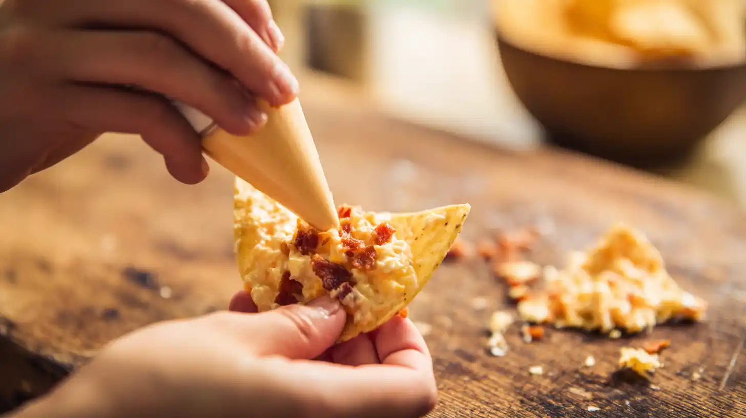 fill-doritos-bacon-cream-cheese-snack-step4 Filling Doritos chips with creamy bacon cheddar cheese – No-Bake High-Protein Appetizer