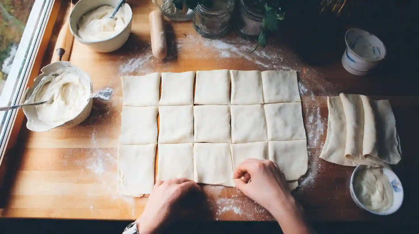 fill-the-dough-cheesecake-cookie-croffles Filling dough for Crispy Cheesecake Cookie Croffles with creamy filling – viral croffle recipe, quick cheesecake-filled snacks, best croissant dough desserts