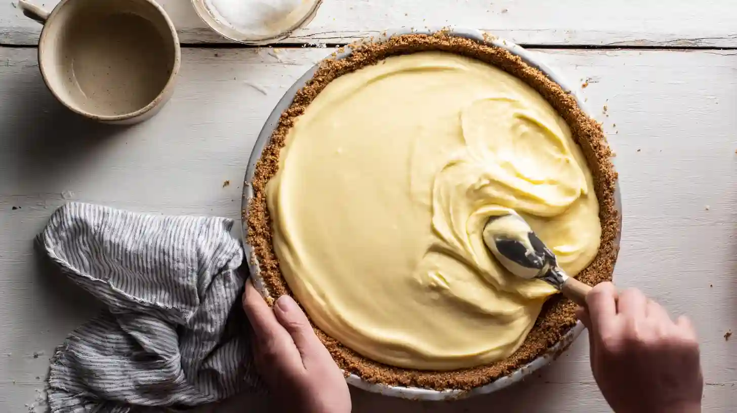 filling-cream-cheese-lemonade-pie Filling graham cracker crust with lemon cream cheese mixture
