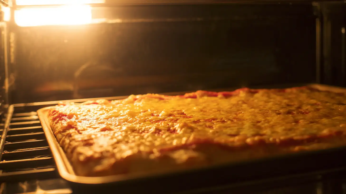 final-bake-homemade-school-pizza-Recipe Homemade School Pizza Recipe baking with bubbling cheese and crispy edges