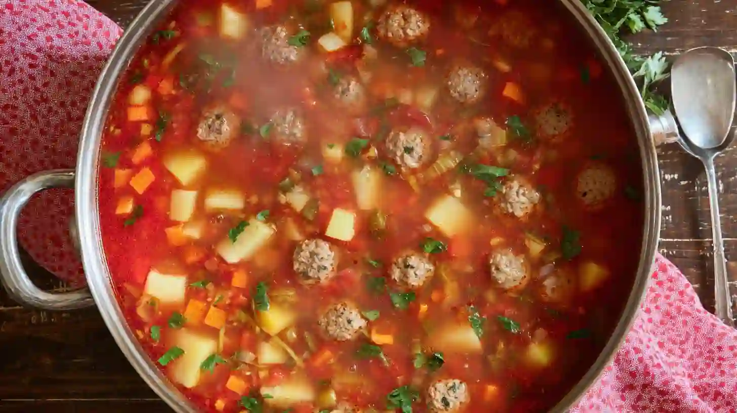 finish-Traditional-caldo-de-Albóndigas-Recipe simmering Traditional Caldo de Albóndigas Recipes with vegetables and herbs