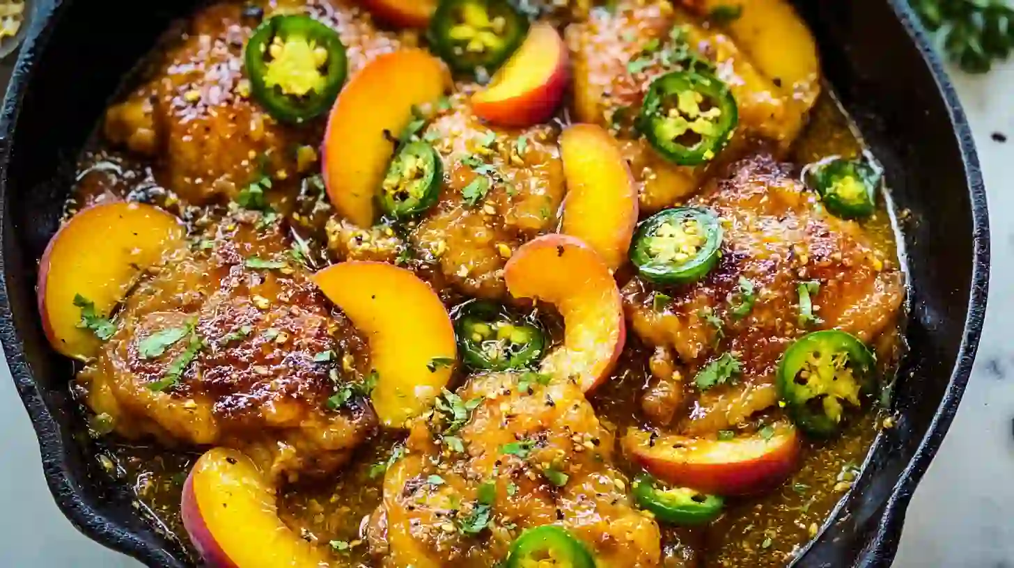 finished-jalapeno-peach-chicken-parsley Stirring peach jalapeño chicken in skillet and finishing with parsley