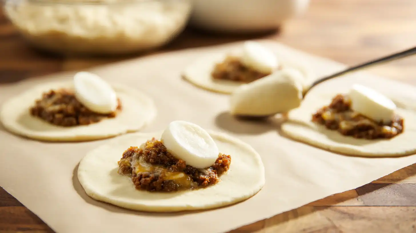 flatten-fill-dough-dill-pickle-cheeseburger-mozzarella-bombs Flattening biscuit dough and stuffing with cheesy dill pickle beef filling – kid-friendly meals and high-protein snacks