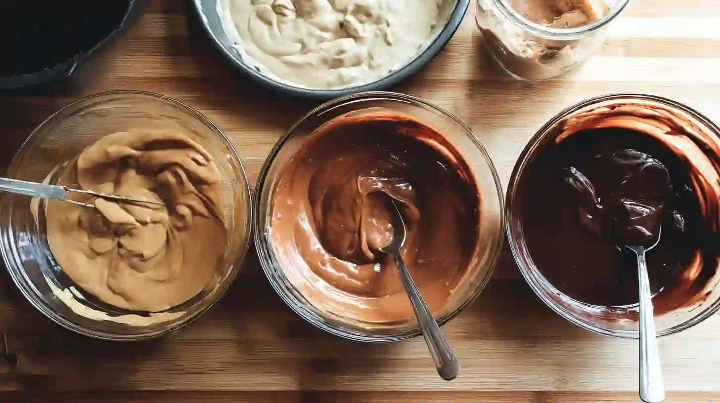 flavor-cheesecake-batter-caramel-chocolate-coffee Dividing and flavoring batter for Caramel Chocolate Coffee Cheesecake homemade caramel cheesecake recipe