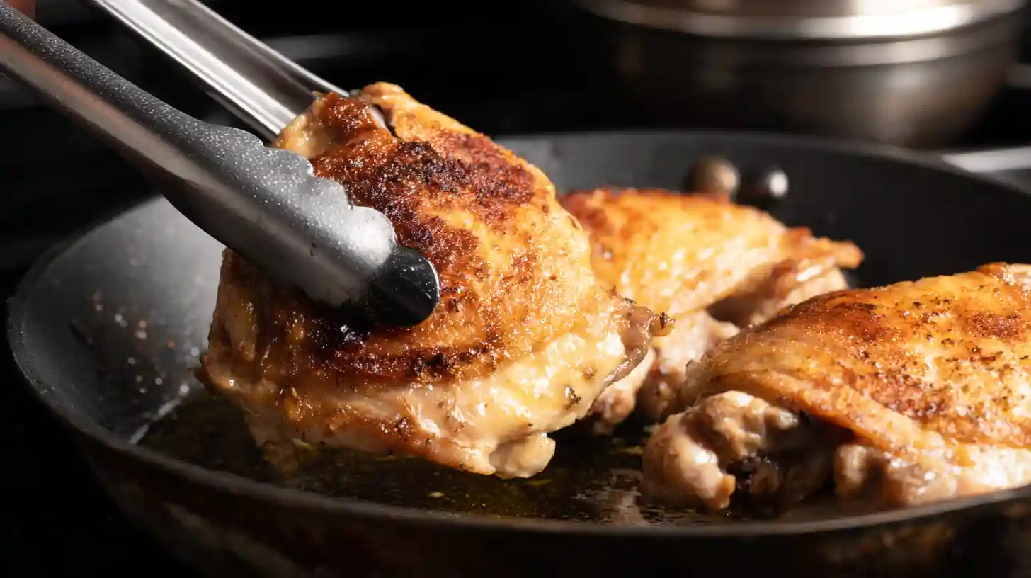 flip-chicken-thighs-skillet-golden Turning chicken thighs to brown the second side in skillet