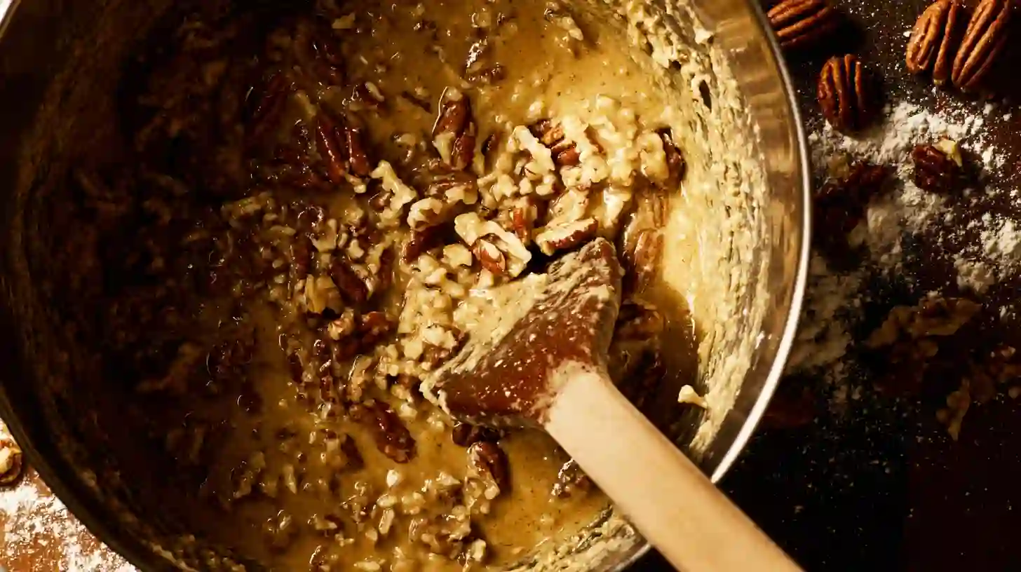 fold-in-pecans-sweet-alabama-pecanbread Folding chopped pecans into pecanbread batte