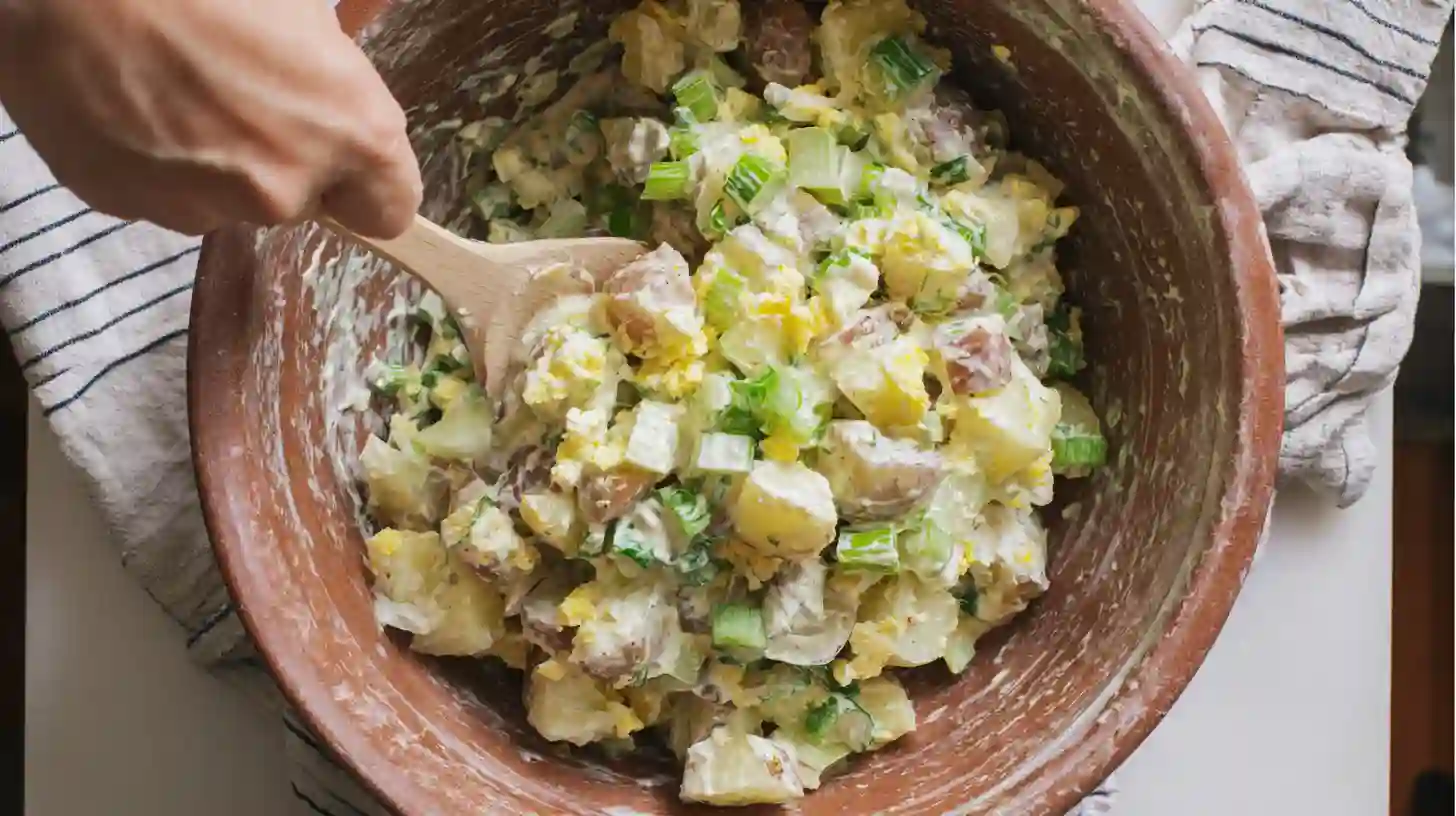 fold-potato-salad-ingredients-amish Folding potatoes, eggs, and celery into creamy Amish dressing