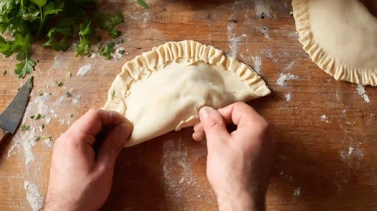 fold-seal-air-fryer-chicken-alfredo-calzones Folding and sealing air fryer chicken Alfredo calzones with fork on floured surface