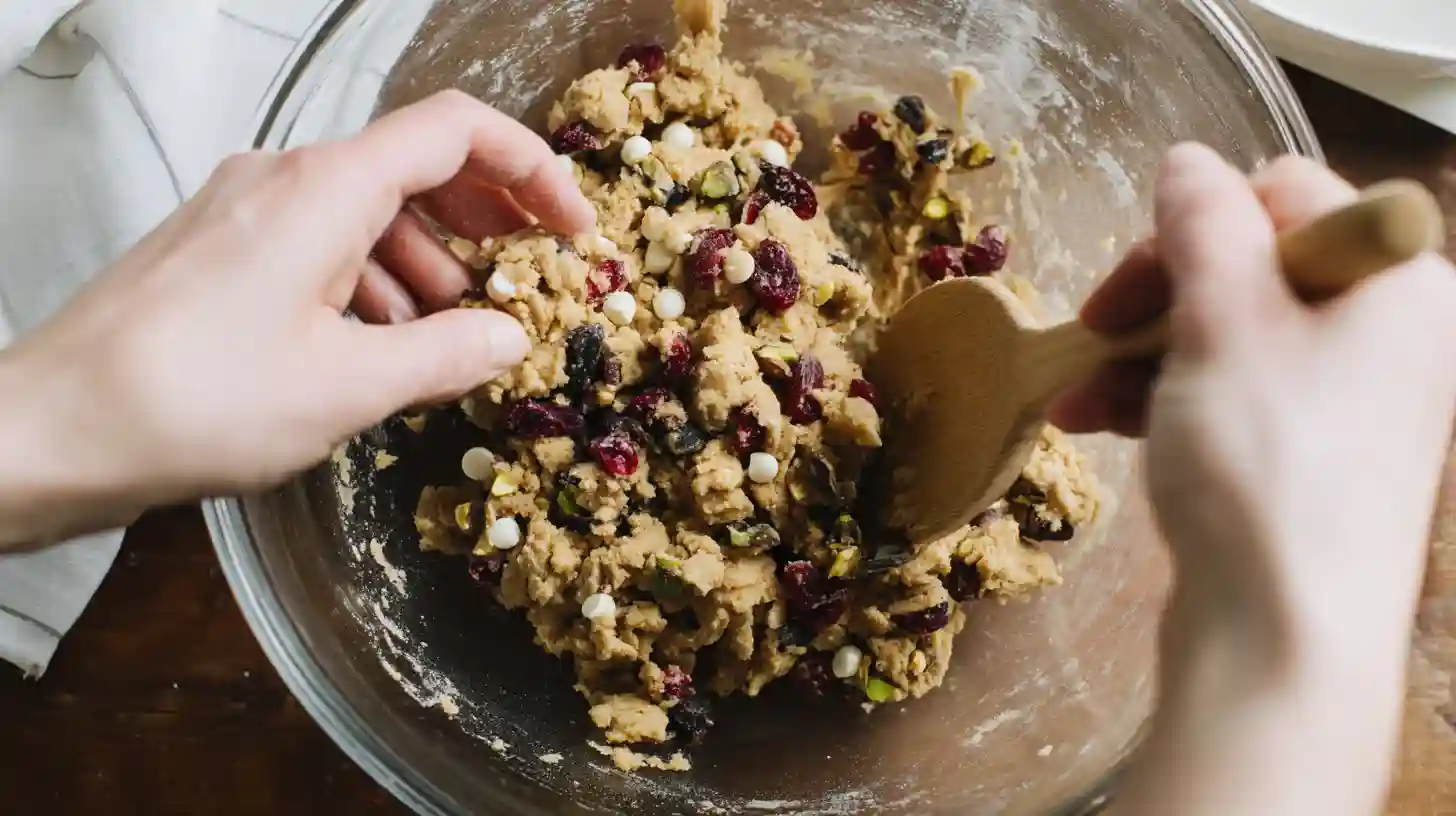 fold-white-chocolate-cranberry-pistachio Folding white chocolate, cranberries, and pistachios into cookie dough