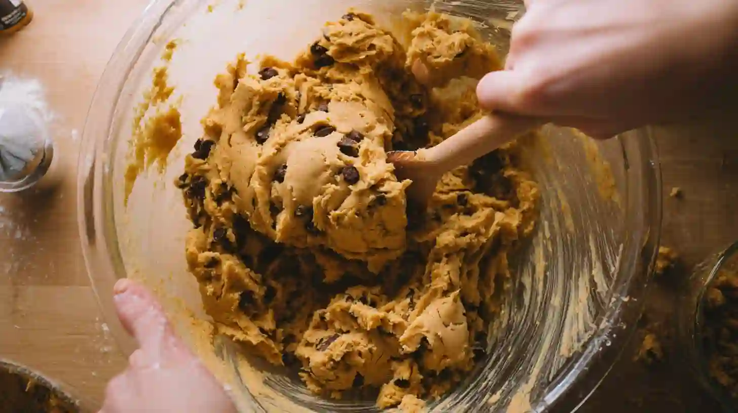 folding-butterscotch-toffee-cookie-bar-dough adding butterscotch chips and toffee bits to budget-friendly baking recipes
