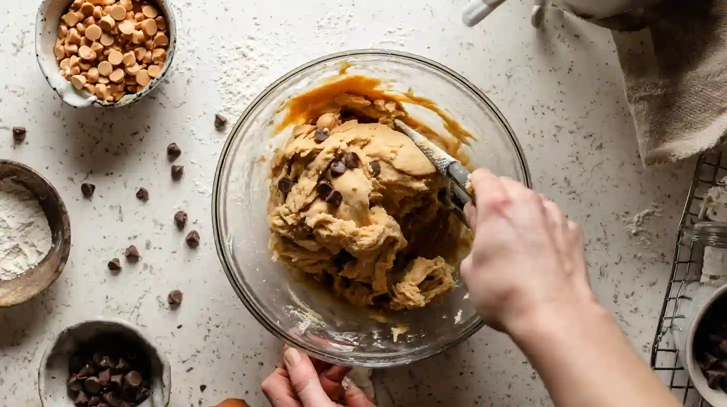 folding-butterscotch-toffee-cookie-dough Folding butterscotch chips and toffee into cookie dough