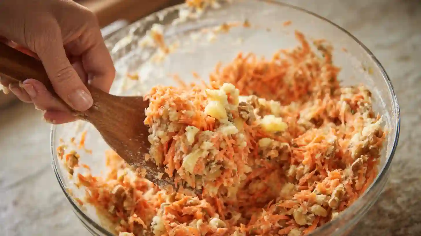 folding-carrots-pineapple-hawaiian-cake-batter Folding carrots and pineapple into best Hawaiian carrot pineapple cake batter.best cream cheese frosting for carrot cake