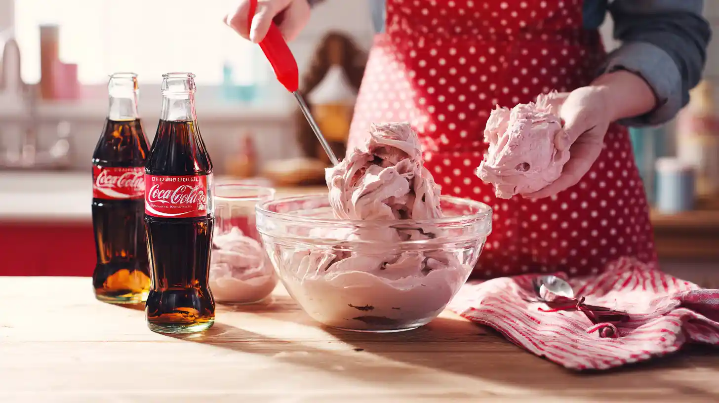folding-cherry-cola-ice-cream-base-summer-dessert Folding whipped cream into cherry cola ice cream base in retro kitchen – perfect easy summer dessert idea
