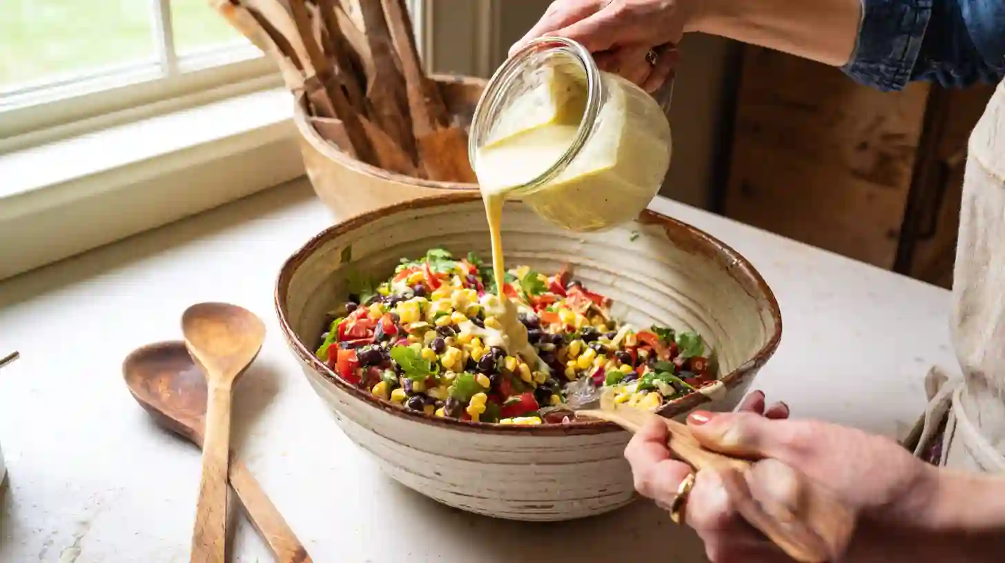 folding-creamy-dressed-mexican-coleslaw Folding creamy taco dressing into Mexican coleslaw salad with grilled corn, tomatoes, and beans