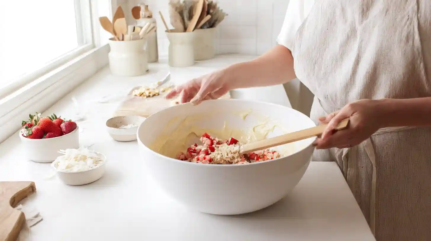 folding-strawberries-coconut-pound-cake Folding fresh strawberries and coconut into buttermilk pound cake batter