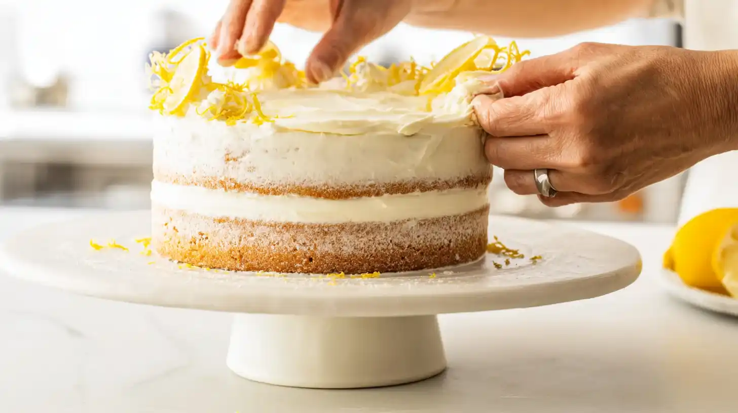 frost-decorate-lemon-layer-cake Frosting lemon layer cake and garnishing with lemon slices