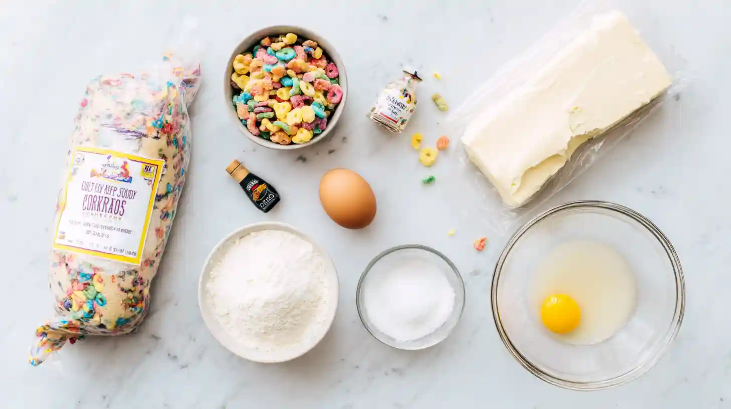fruity-pebbles-cheesecake-bars-ingredients-Image Fruity Pebbles Cookie Cheesecake Bars Ingredient Image – sugar cookie dough, cream cheese, Fruity Pebbles, sugar, egg, vanilla.