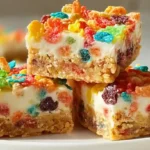 Fruity Pebbles Cookie Cheesecake Bars stacked on a plate